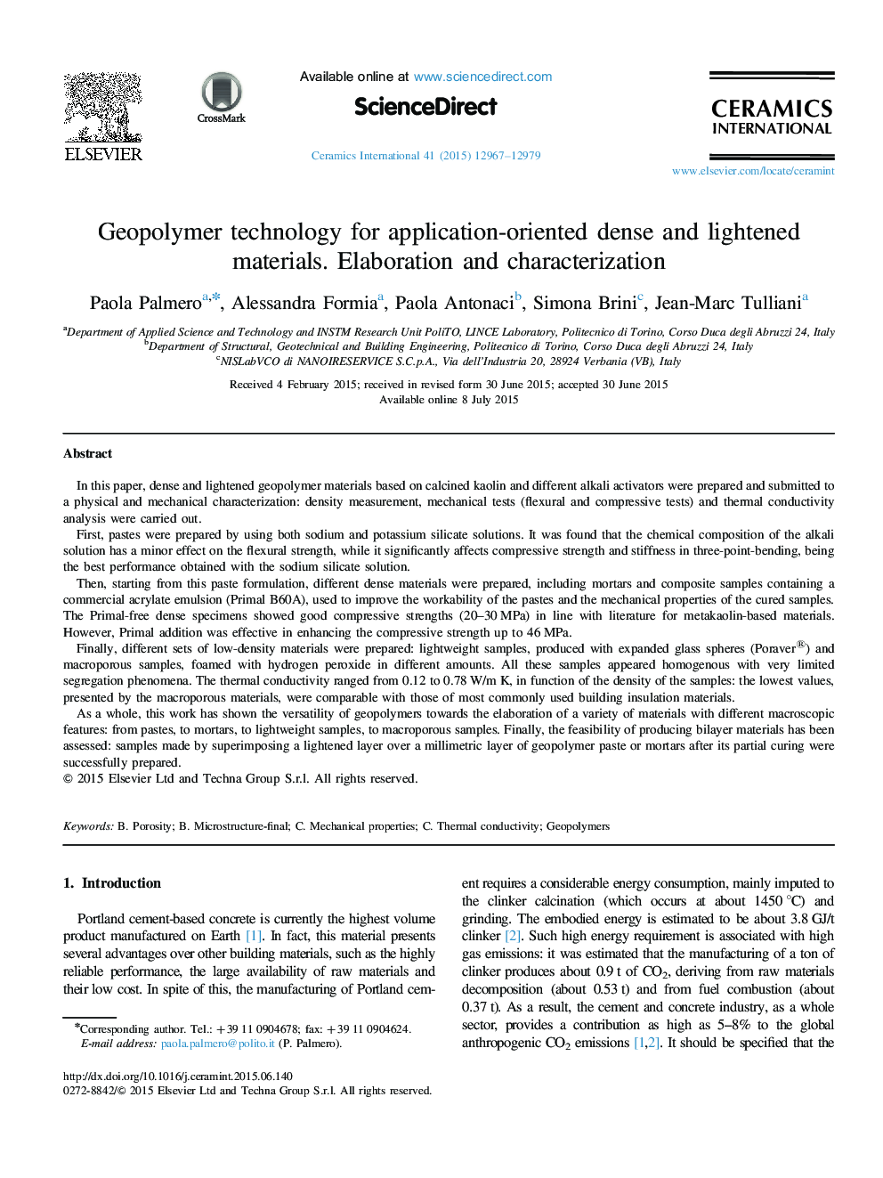 Geopolymer technology for application-oriented dense and lightened materials. Elaboration and characterization