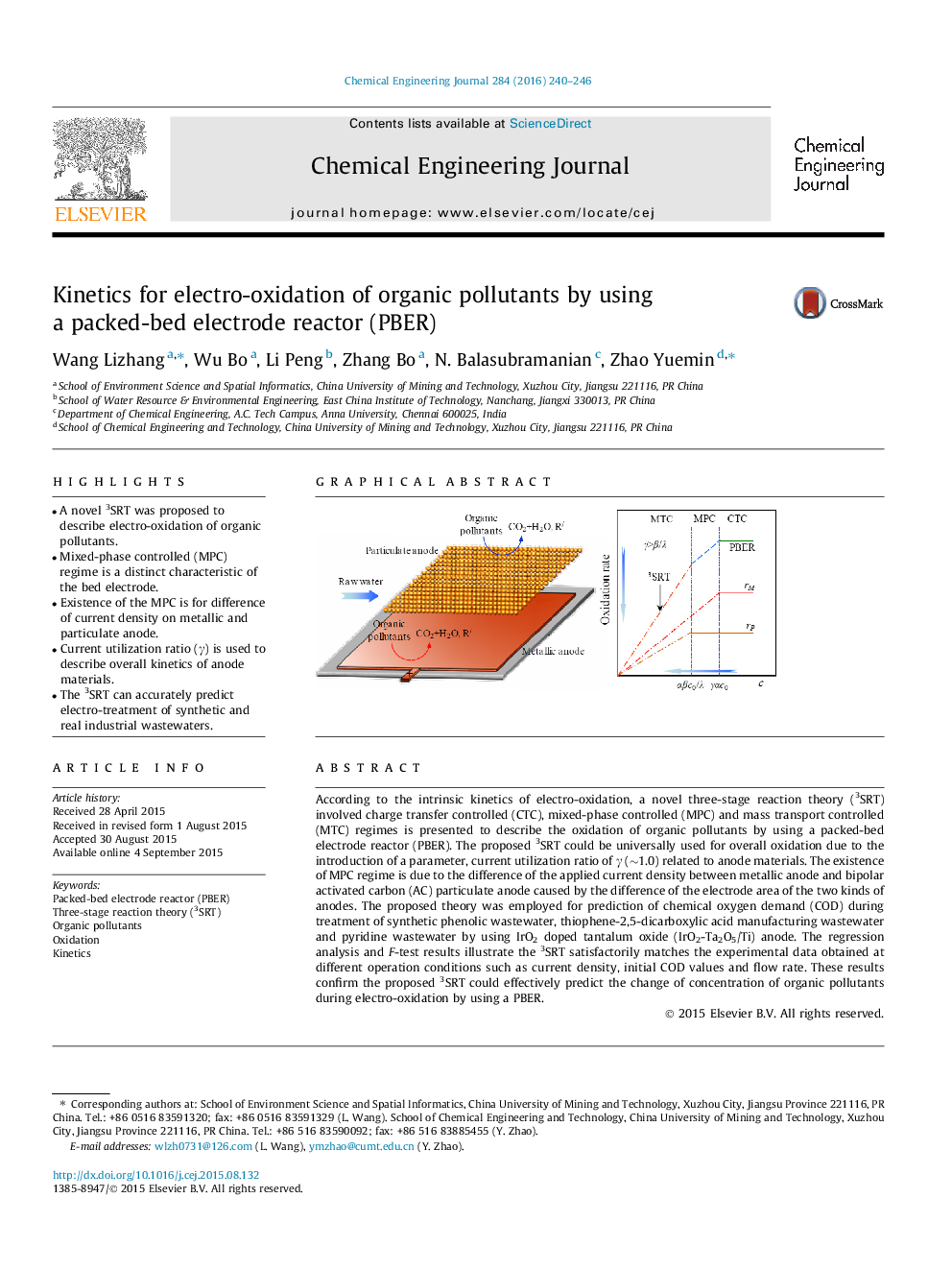 سینتیک برای الکترو اکسیداسیون آلاینده های آلی با استفاده از یک راکتور الکترود بسته بندی شده (PBER)