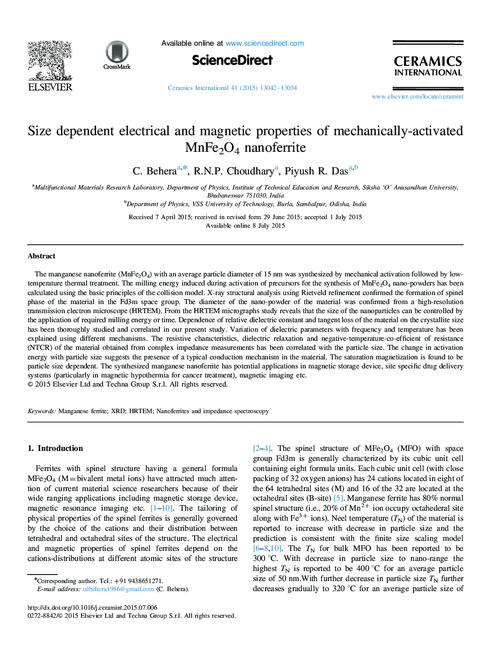 Size dependent electrical and magnetic properties of mechanically-activated MnFe2O4 nanoferrite