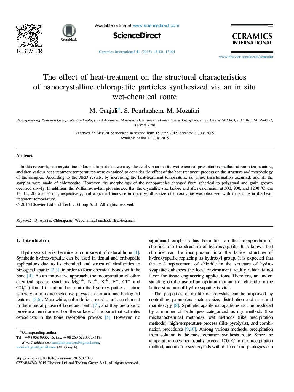 The effect of heat-treatment on the structural characteristics of nanocrystalline chlorapatite particles synthesized via an in situ wet-chemical route