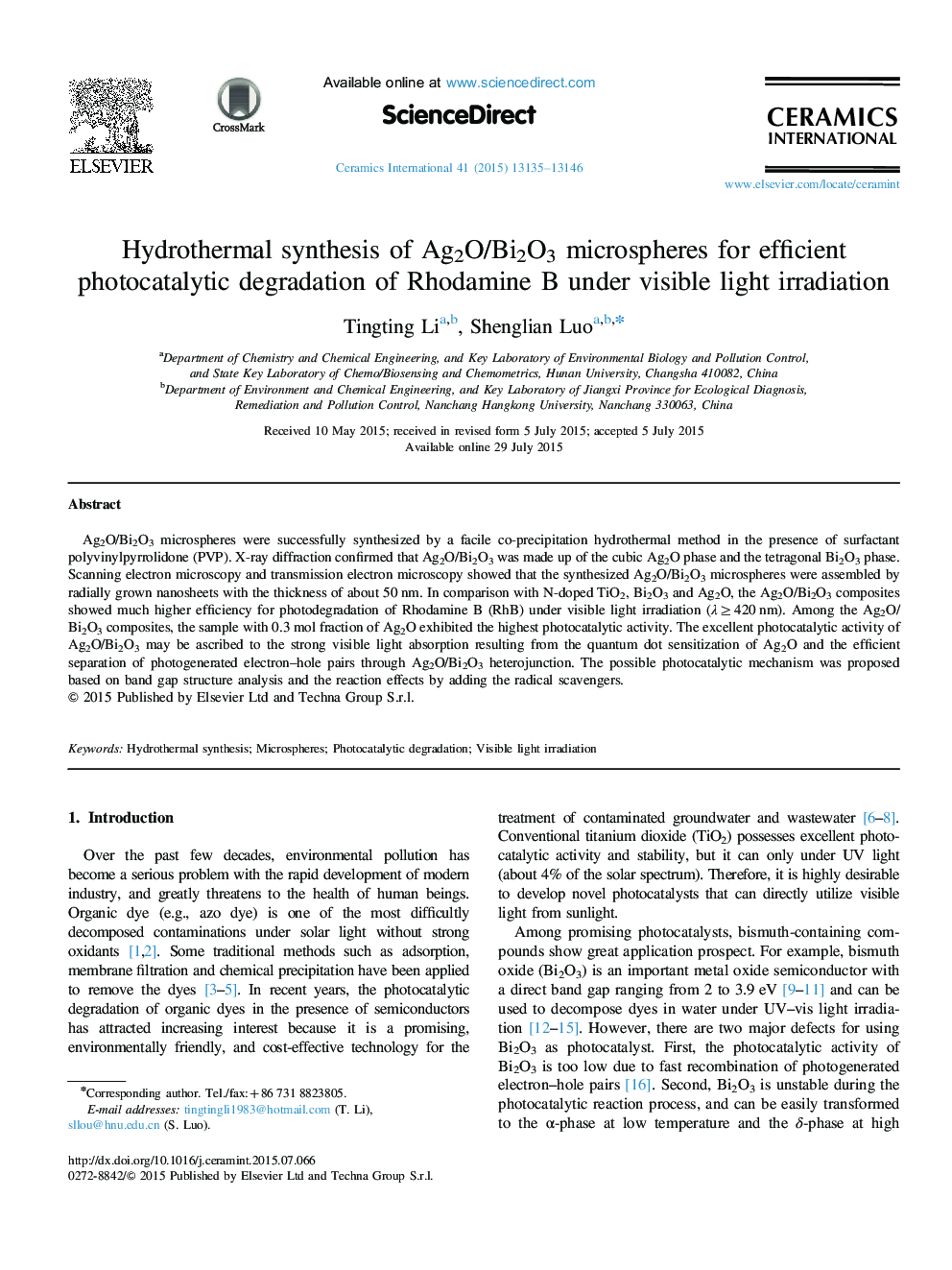 Hydrothermal synthesis of Ag2O/Bi2O3 microspheres for efficient photocatalytic degradation of Rhodamine B under visible light irradiation