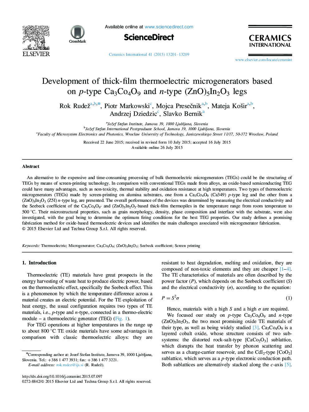 Development of thick-film thermoelectric microgenerators based on p-type Ca3Co4O9 and n-type (ZnO)5In2O3 legs