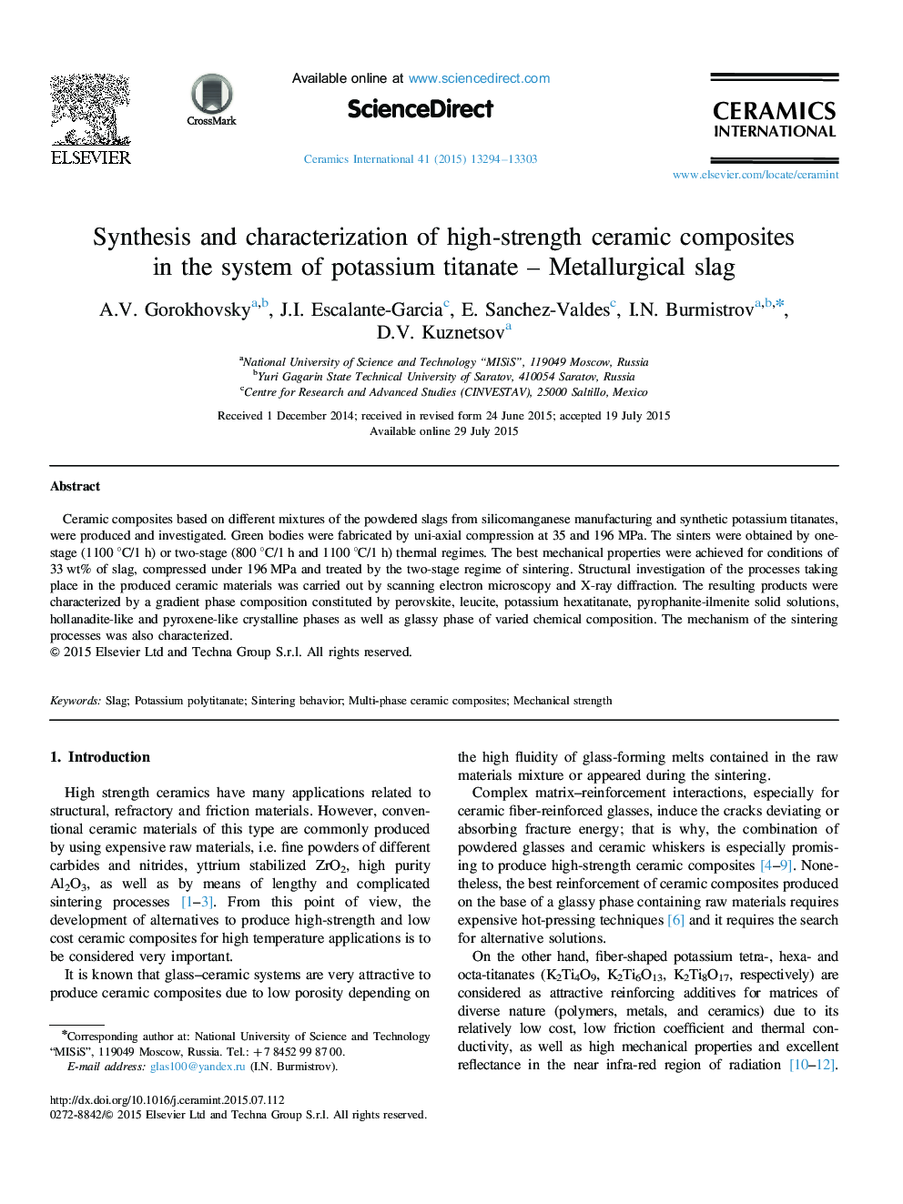 عکس صفحه اول مقاله: Synthesis and characterization of high-strength ceramic composites in the system of potassium titanate – Metallurgical slag Synthesis and characterization of high-strength ceramic composites in the system of potassium titanate – Metallurgical slag
