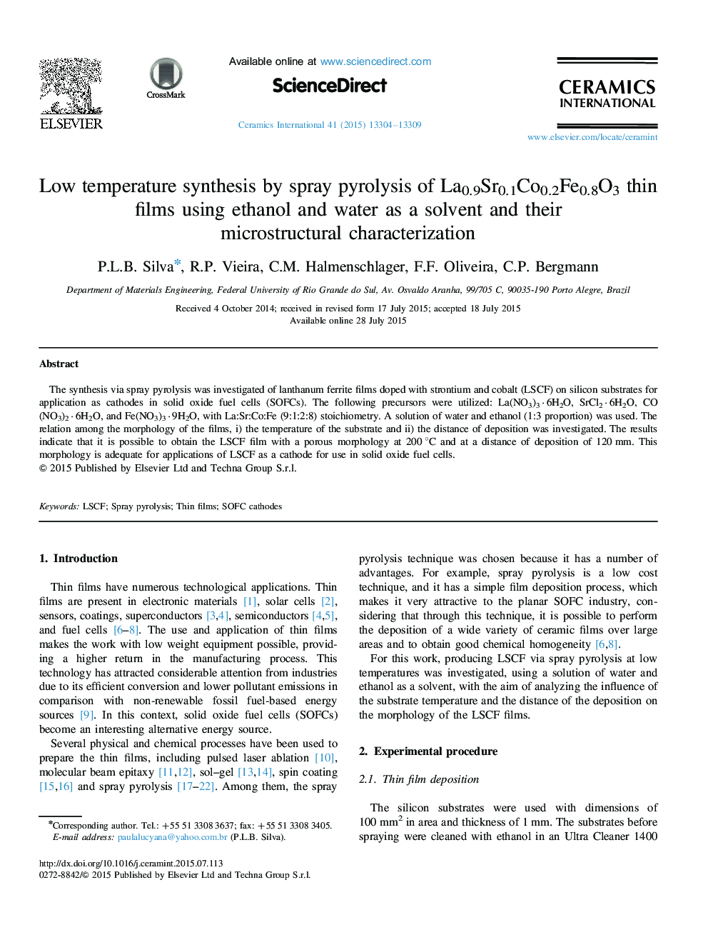عکس صفحه اول مقاله: Low temperature synthesis by spray pyrolysis of La0.9Sr0.1Co0.2Fe0.8O3 thin films using ethanol and water as a solvent and their microstructural characterization Low temperature synthesis by spray pyrolysis of La0.9Sr0.1Co0.2Fe0.8O3 thin films using ethanol and water as a solvent and their microstructural characterization