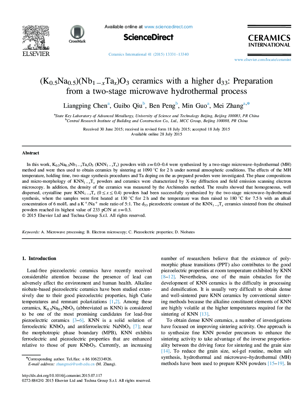 (K0.5Na0.5)(Nb1−xTax)O3 ceramics with a higher d33: Preparation from a two-stage microwave hydrothermal process