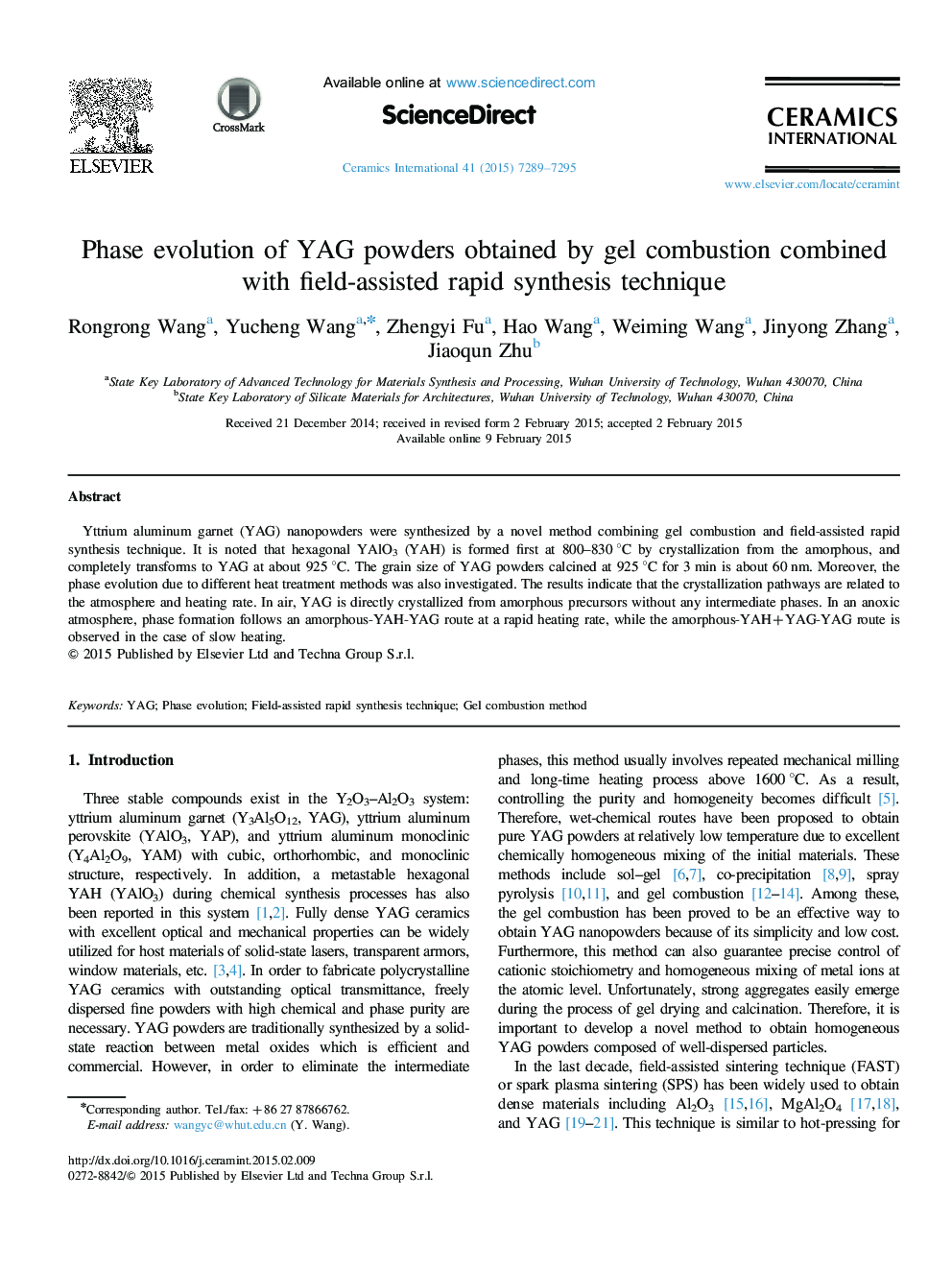 Phase evolution of YAG powders obtained by gel combustion combined with field-assisted rapid synthesis technique