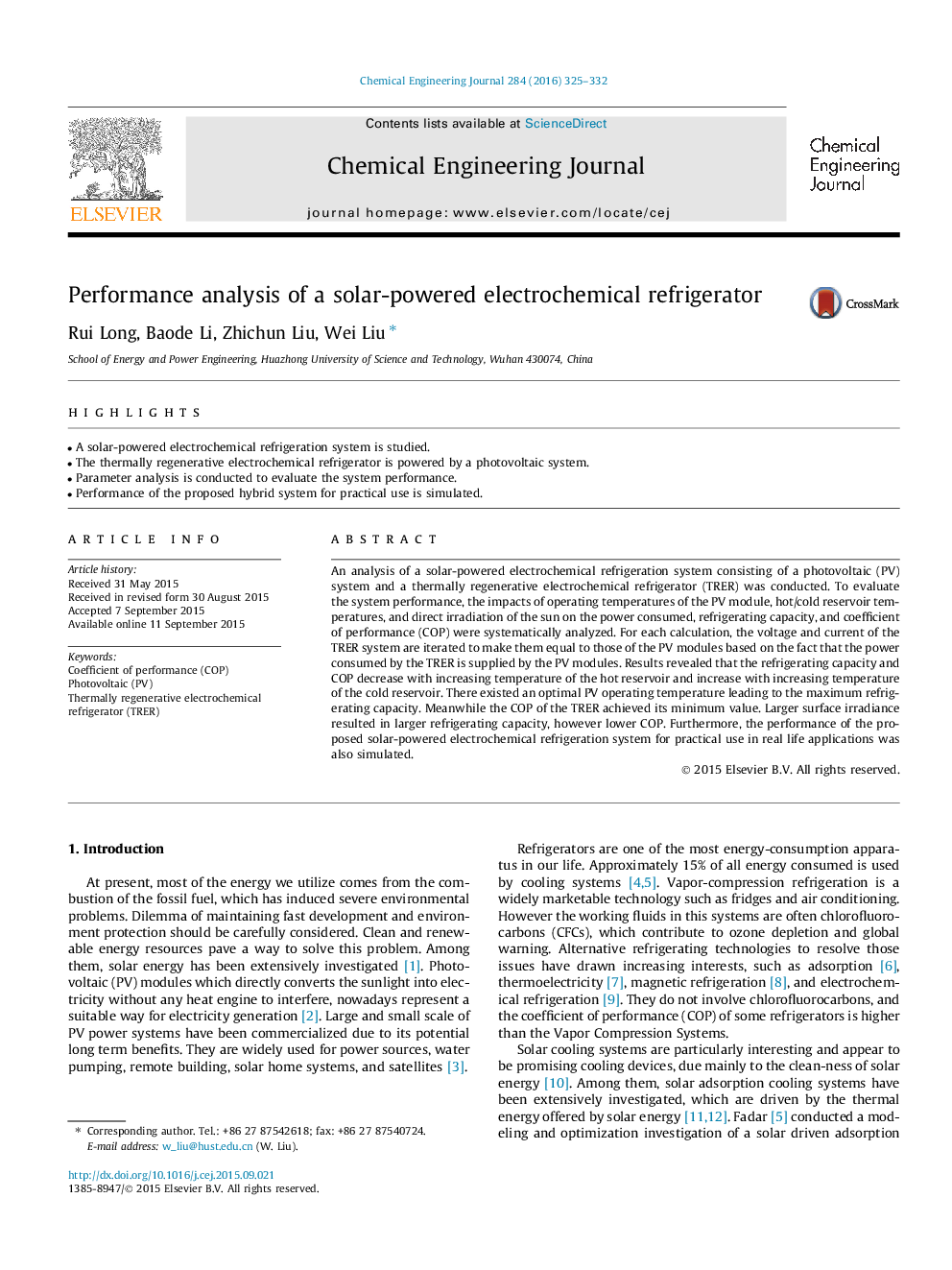 Performance analysis of a solar-powered electrochemical refrigerator