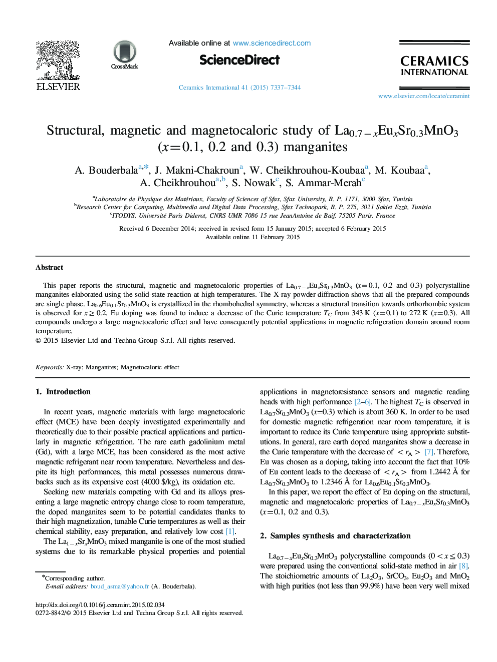 Structural, magnetic and magnetocaloric study of La0.7−xEuxSr0.3MnO3 (x=0.1, 0.2 and 0.3) manganites
