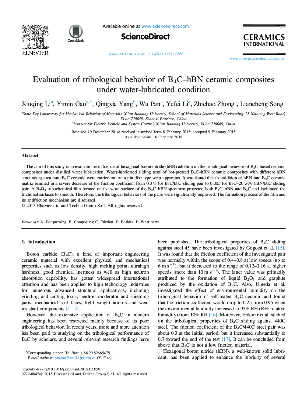 Evaluation of tribological behavior of B4C–hBN ceramic composites under water-lubricated condition