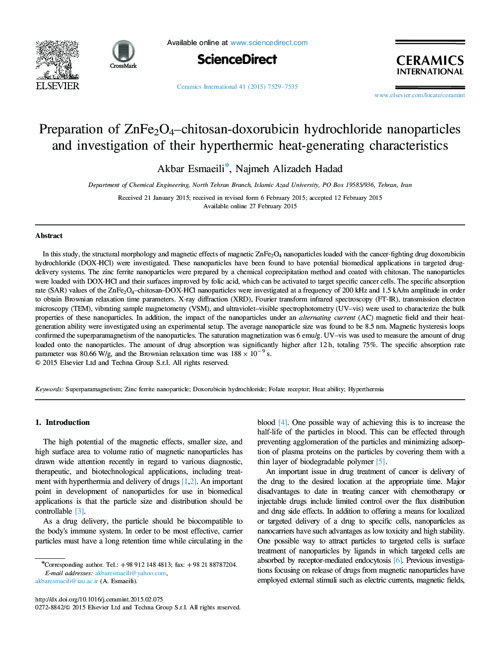 Preparation of ZnFe2O4–chitosan-doxorubicin hydrochloride nanoparticles and investigation of their hyperthermic heat-generating characteristics
