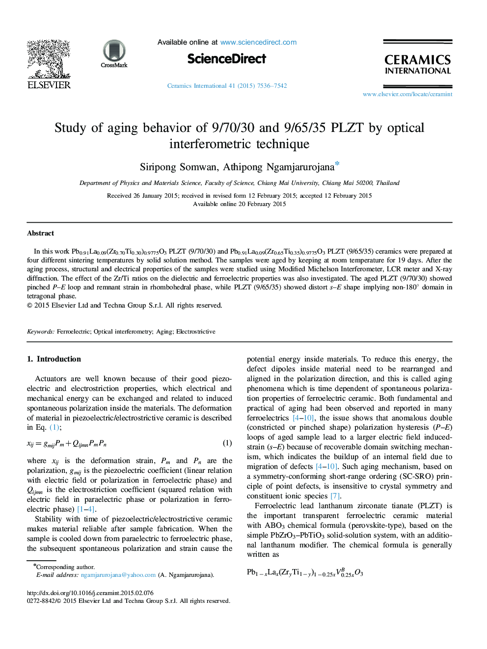 Study of aging behavior of 9/70/30 and 9/65/35 PLZT by optical interferometric technique