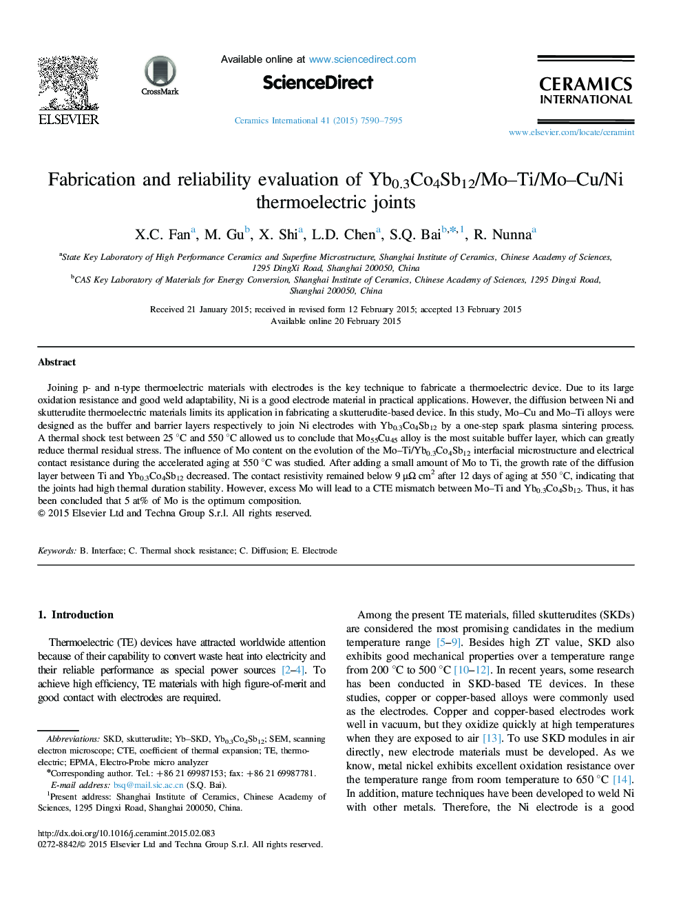 Fabrication and reliability evaluation of Yb0.3Co4Sb12/Mo–Ti/Mo–Cu/Ni thermoelectric joints