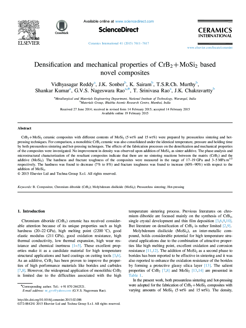 Densification and mechanical properties of CrB2+MoSi2 based novel composites