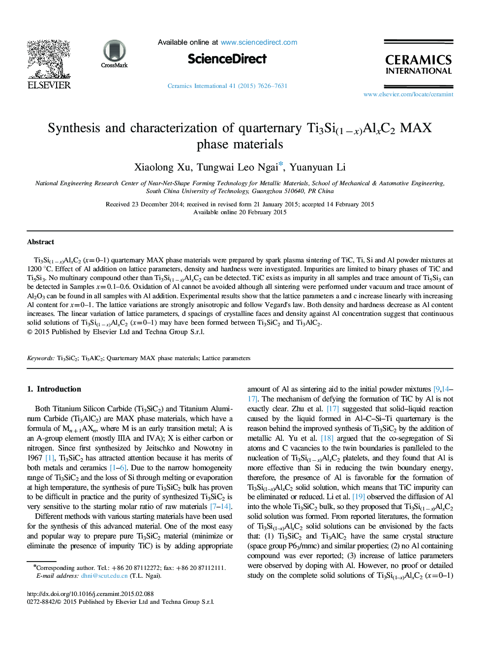 Synthesis and characterization of quarternary Ti3Si(1âx)AlxC2 MAX phase materials