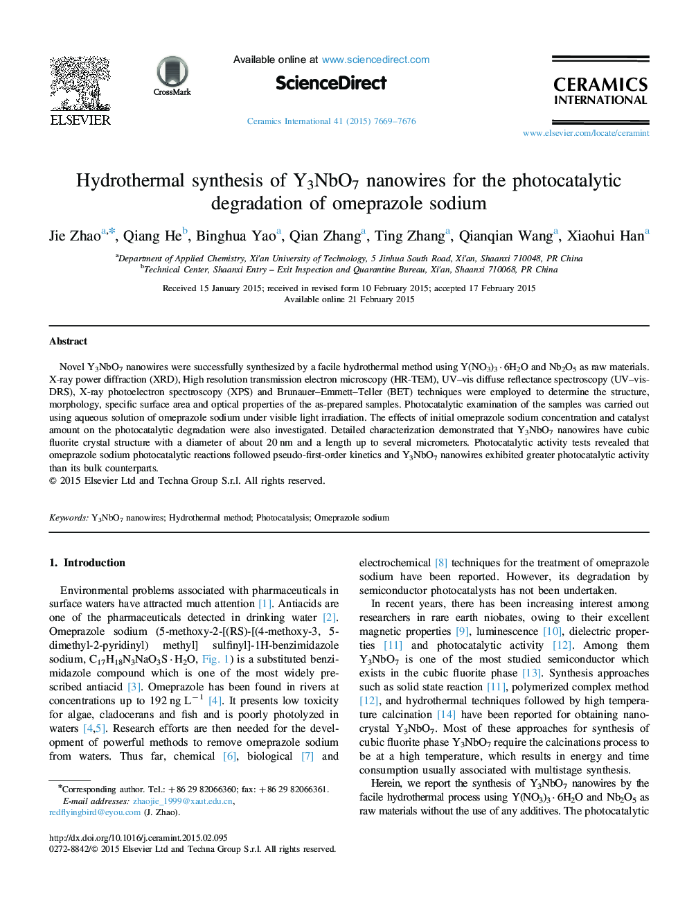 عکس صفحه اول مقاله: Hydrothermal synthesis of Y3NbO7 nanowires for the photocatalytic degradation of omeprazole sodium Hydrothermal synthesis of Y3NbO7 nanowires for the photocatalytic degradation of omeprazole sodium