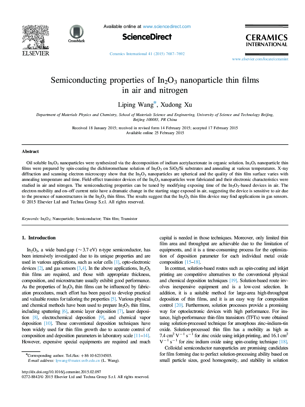 عکس صفحه اول مقاله: Semiconducting properties of In2O3 nanoparticle thin films in air and nitrogen Semiconducting properties of In2O3 nanoparticle thin films in air and nitrogen