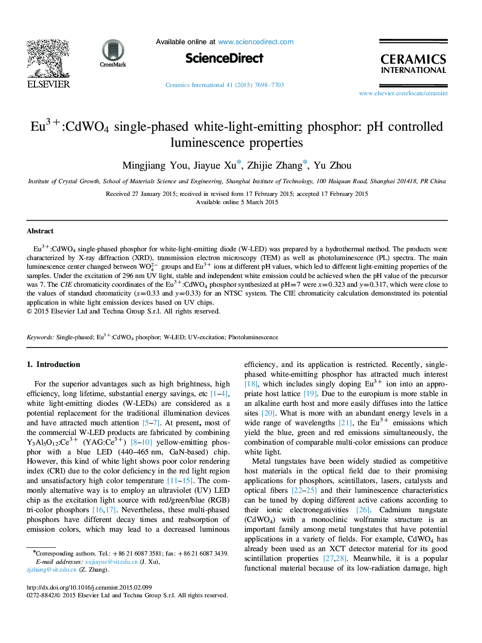 عکس صفحه اول مقاله: Eu3+:CdWO4 single-phased white-light-emitting phosphor: pH controlled luminescence properties Eu3+:CdWO4 single-phased white-light-emitting phosphor: pH controlled luminescence properties