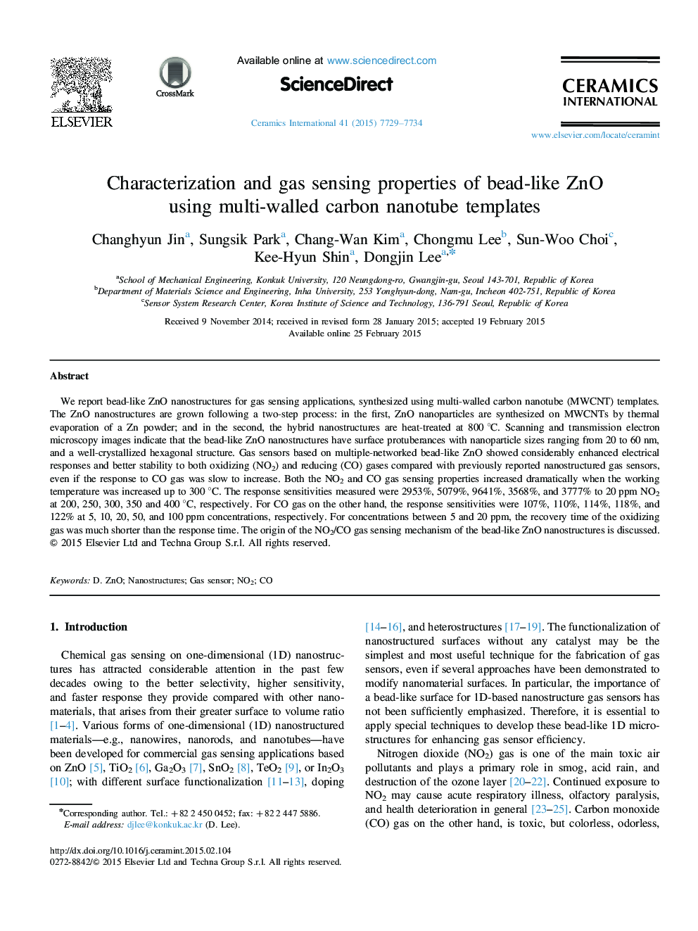 Characterization and gas sensing properties of bead-like ZnO using multi-walled carbon nanotube templates