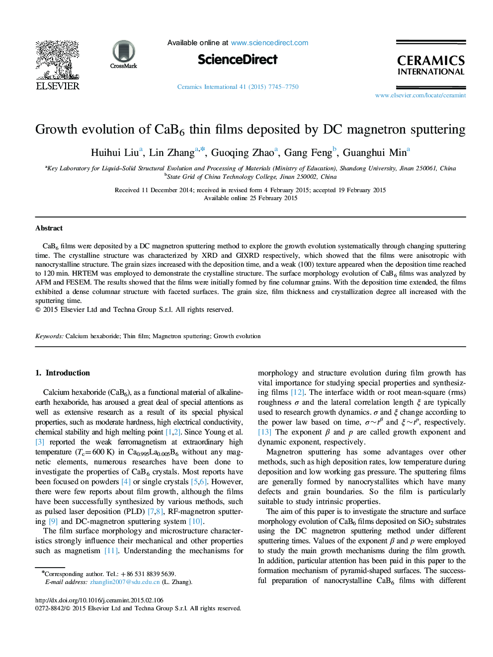 Growth evolution of CaB6 thin films deposited by DC magnetron sputtering