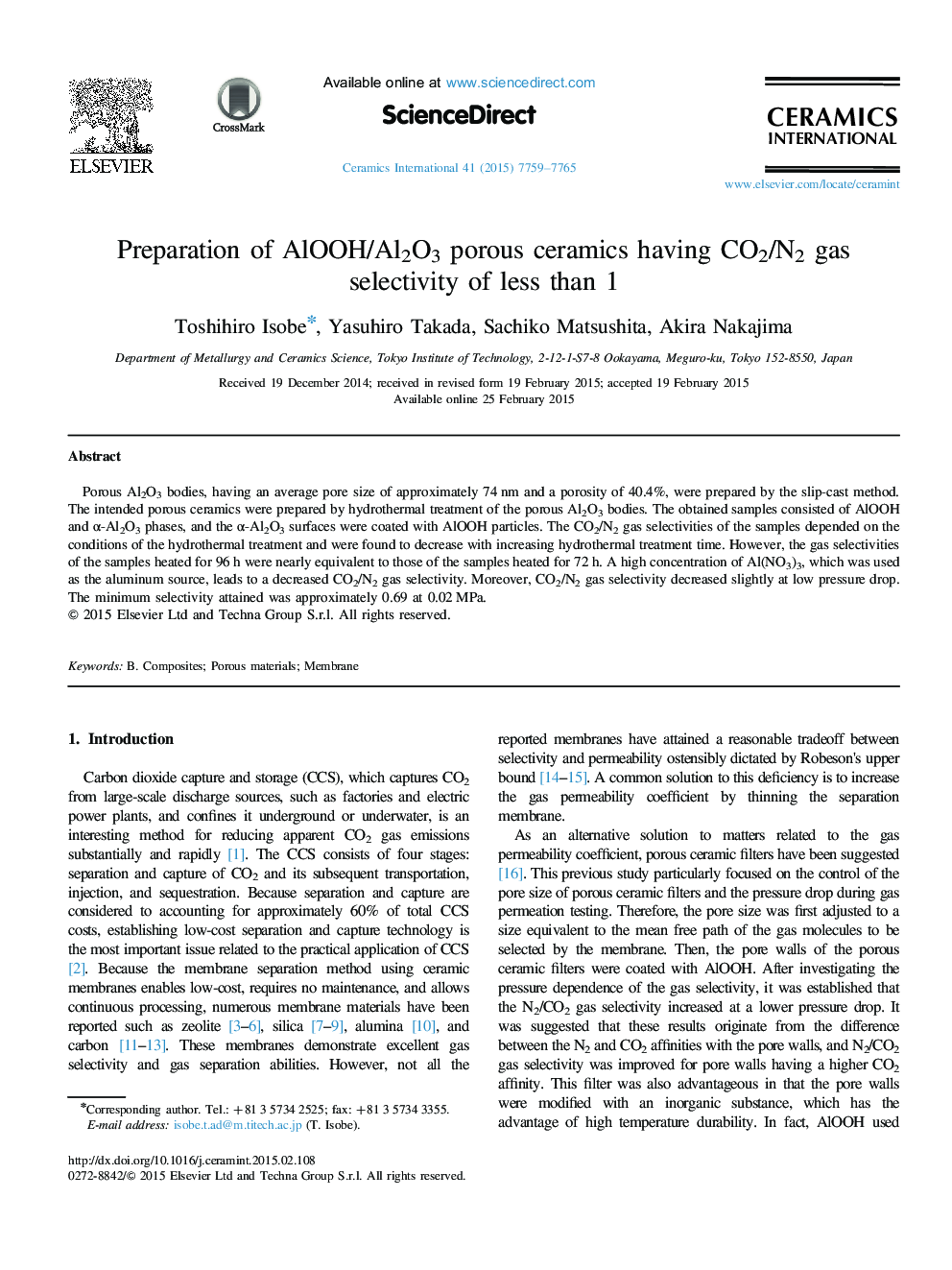 Preparation of AlOOH/Al2O3 porous ceramics having CO2/N2 gas selectivity of less than 1