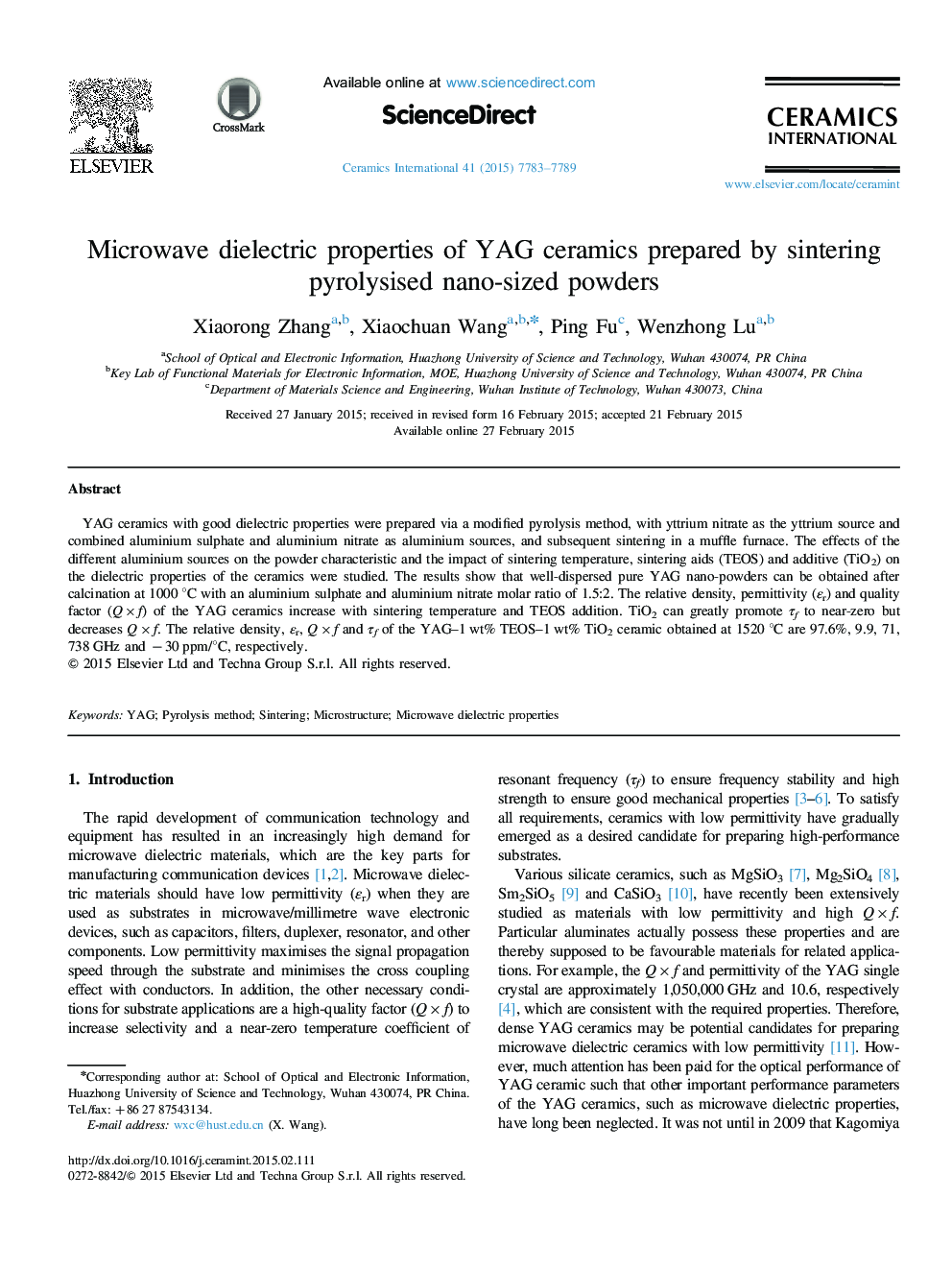 Microwave dielectric properties of YAG ceramics prepared by sintering pyrolysised nano-sized powders