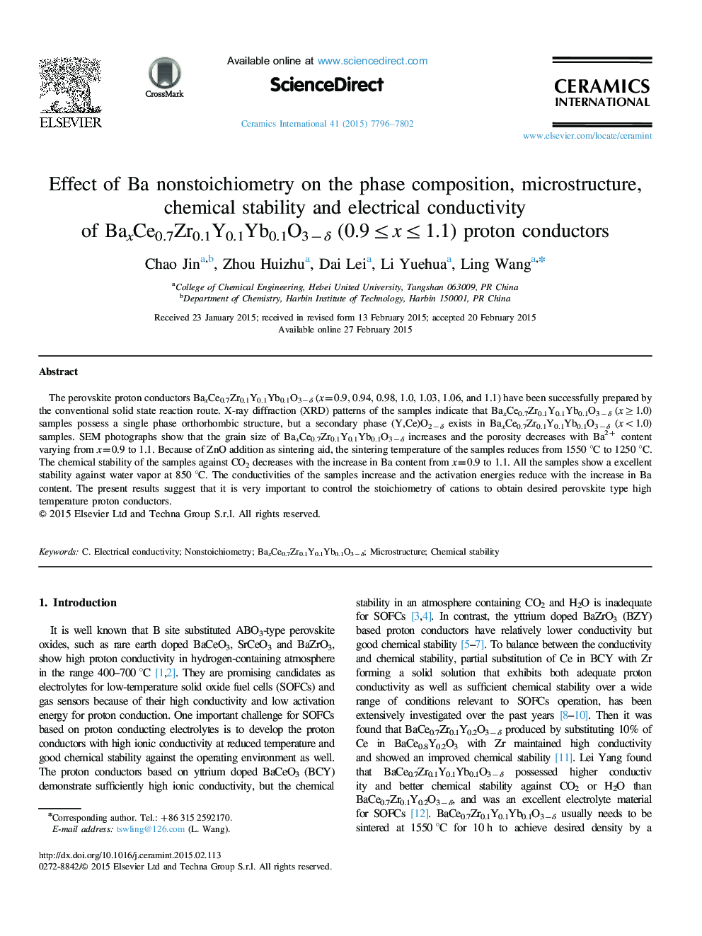 Effect of Ba nonstoichiometry on the phase composition, microstructure, chemical stability and electrical conductivity of BaxCe0.7Zr0.1Y0.1Yb0.1O3−δ (0.9≤x≤1.1) proton conductors