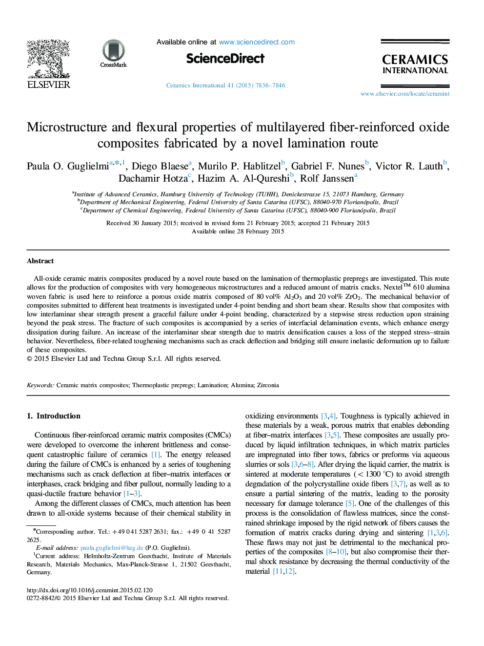 Microstructure and flexural properties of multilayered fiber-reinforced oxide composites fabricated by a novel lamination route