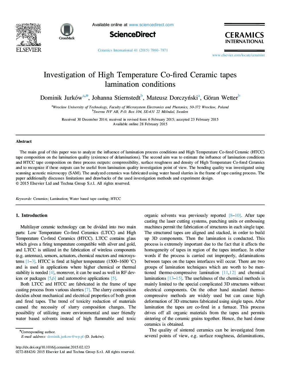 Investigation of High Temperature Co-fired Ceramic tapes lamination conditions