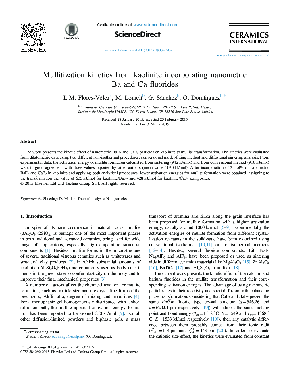 Mullitization kinetics from kaolinite incorporating nanometric Ba and Ca fluorides