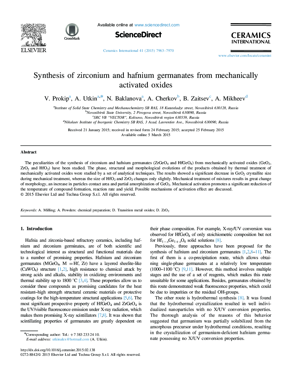 Synthesis of zirconium and hafnium germanates from mechanically activated oxides