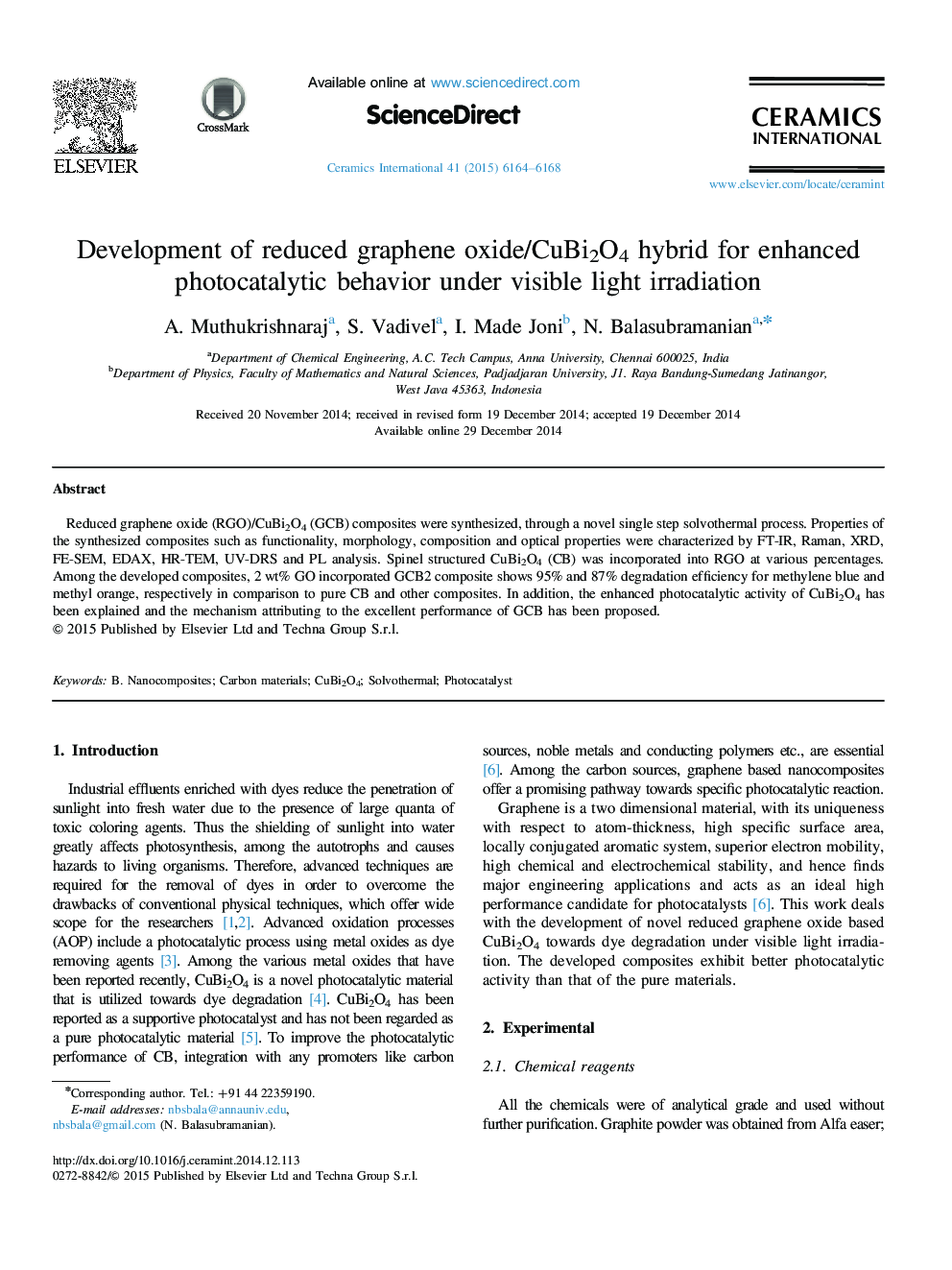 Development of reduced graphene oxide/CuBi2O4 hybrid for enhanced photocatalytic behavior under visible light irradiation