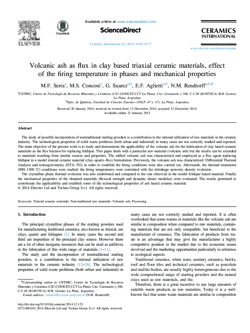 Volcanic ash as flux in clay based triaxial ceramic materials, effect of the firing temperature in phases and mechanical properties