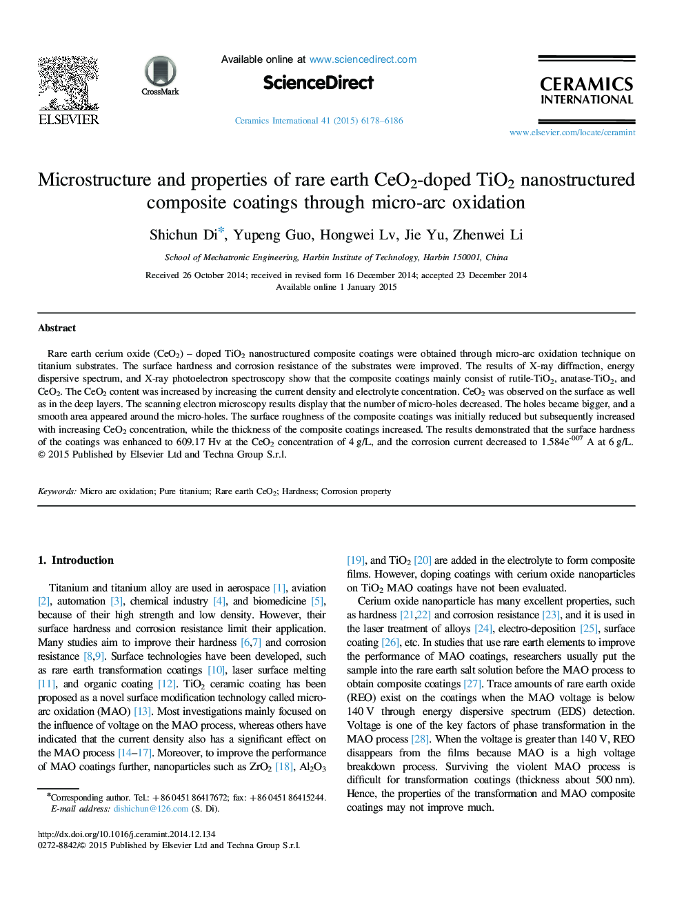 عکس صفحه اول مقاله: Microstructure and properties of rare earth CeO2-doped TiO2 nanostructured composite coatings through micro-arc oxidation Microstructure and properties of rare earth CeO2-doped TiO2 nanostructured composite coatings through micro-arc oxidation