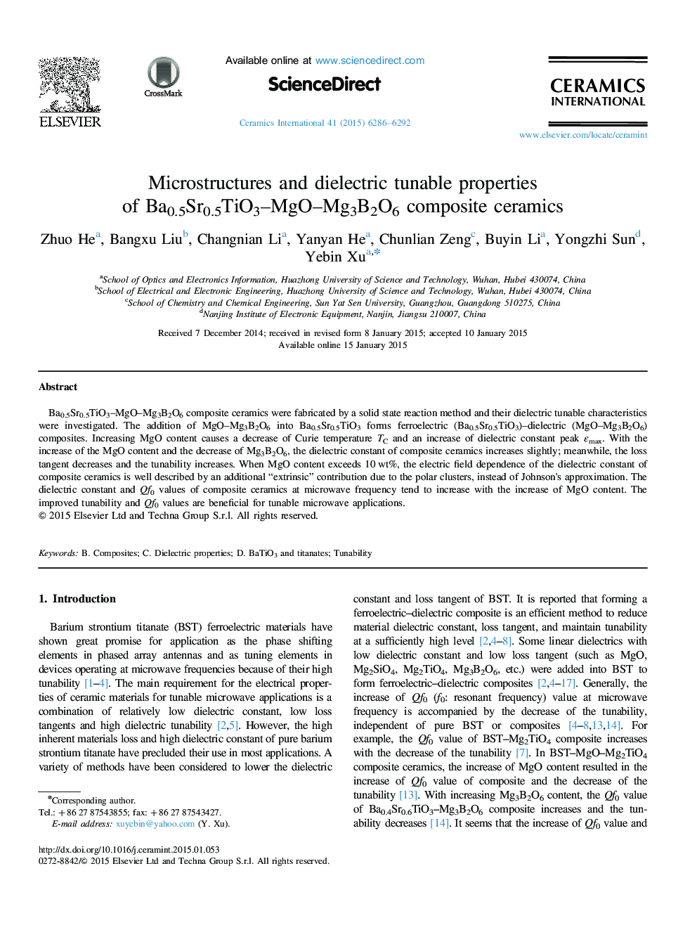 عکس صفحه اول مقاله: Microstructures and dielectric tunable properties of Ba0.5Sr0.5TiO3–MgO–Mg3B2O6 composite ceramics Microstructures and dielectric tunable properties of Ba0.5Sr0.5TiO3–MgO–Mg3B2O6 composite ceramics