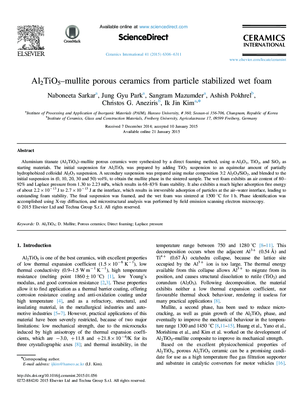 Al2TiO5–mullite porous ceramics from particle stabilized wet foam