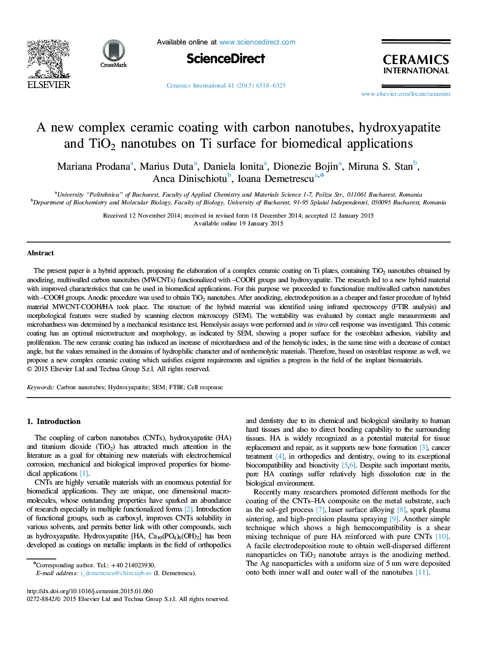 A new complex ceramic coating with carbon nanotubes, hydroxyapatite and TiO2 nanotubes on Ti surface for biomedical applications