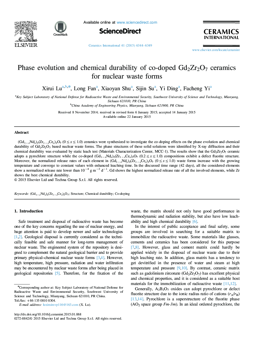 Phase evolution and chemical durability of co-doped Gd2Zr2O7 ceramics for nuclear waste forms