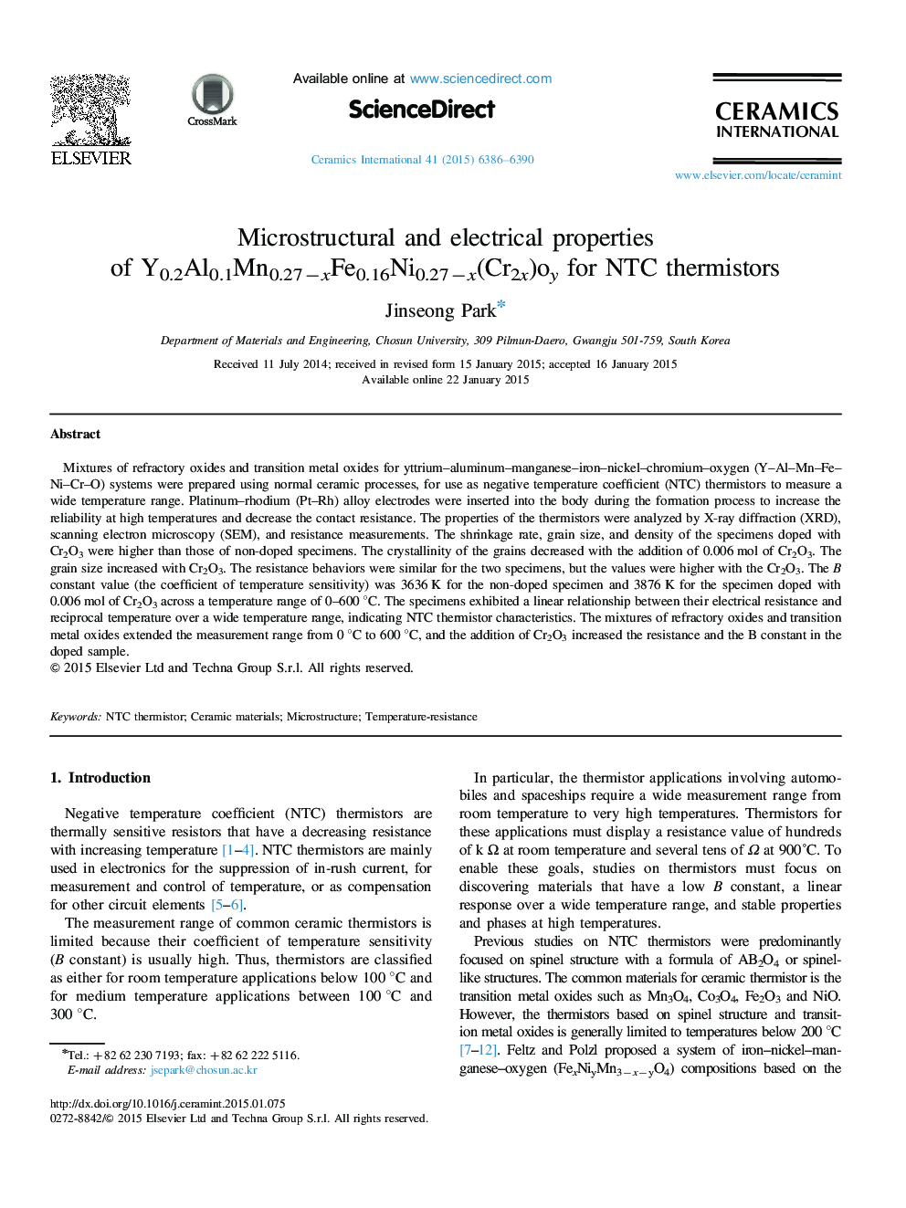 Microstructural and electrical properties of Y0.2Al0.1Mn0.27−xFe0.16Ni0.27−x(Cr2x)oy for NTC thermistors