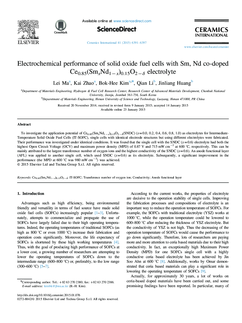 Electrochemical performance of solid oxide fuel cells with Sm, Nd co-doped Ce0.85(SmxNd1−x)0.15O2−δ electrolyte