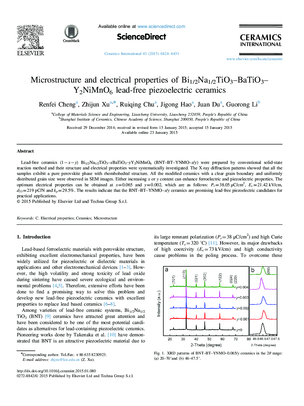 عکس صفحه اول مقاله: Microstructure and electrical properties of Bi1/2Na1/2TiO3–BaTiO3–Y2NiMnO6 lead-free piezoelectric ceramics Microstructure and electrical properties of Bi1/2Na1/2TiO3–BaTiO3–Y2NiMnO6 lead-free piezoelectric ceramics