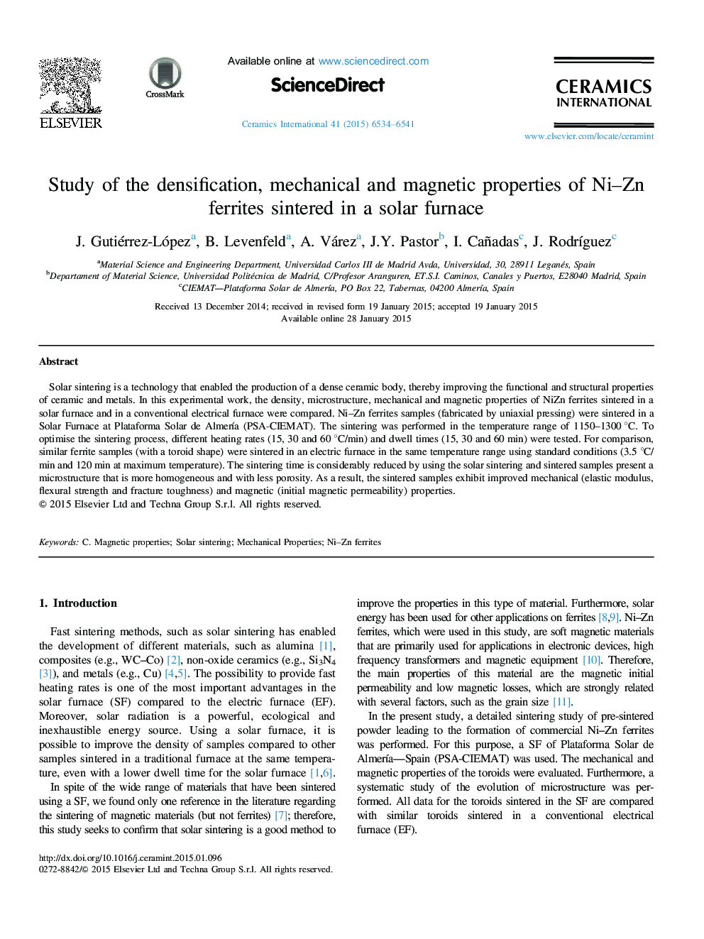 عکس صفحه اول مقاله: Study of the densification, mechanical and magnetic properties of Ni–Zn ferrites sintered in a solar furnace Study of the densification, mechanical and magnetic properties of Ni–Zn ferrites sintered in a solar furnace