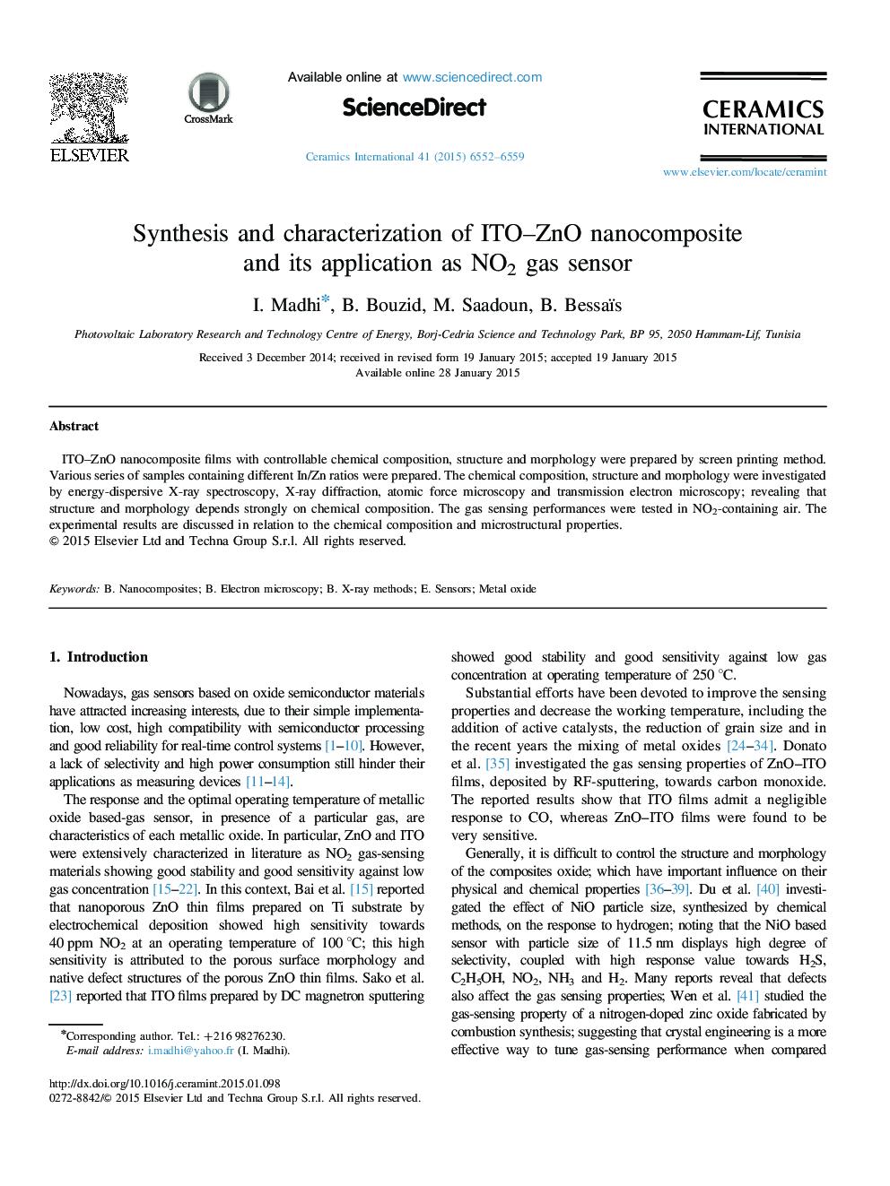 Synthesis and characterization of ITO–ZnO nanocomposite and its application as NO2 gas sensor