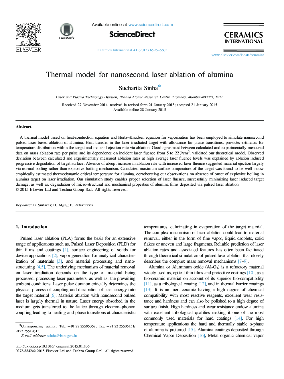 Thermal model for nanosecond laser ablation of alumina