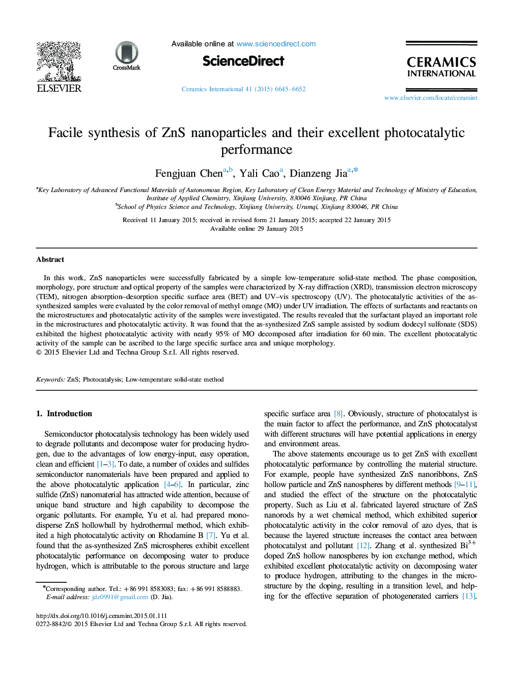 Facile synthesis of ZnS nanoparticles and their excellent photocatalytic performance