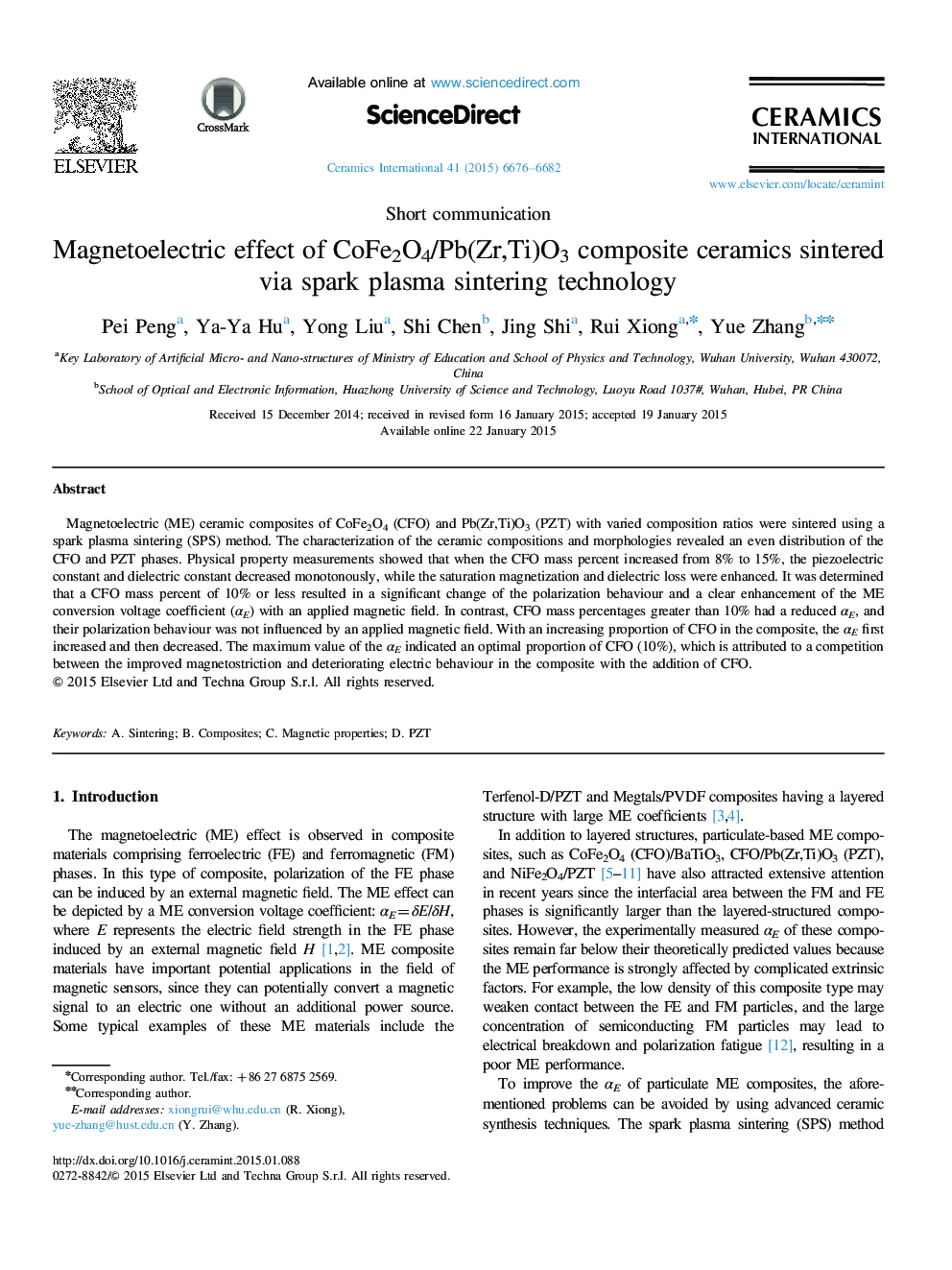 Magnetoelectric effect of CoFe2O4/Pb(Zr,Ti)O3 composite ceramics sintered via spark plasma sintering technology