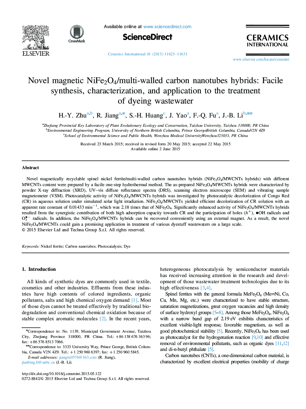 Novel magnetic NiFe2O4/multi-walled carbon nanotubes hybrids: Facile synthesis, characterization, and application to the treatment of dyeing wastewater