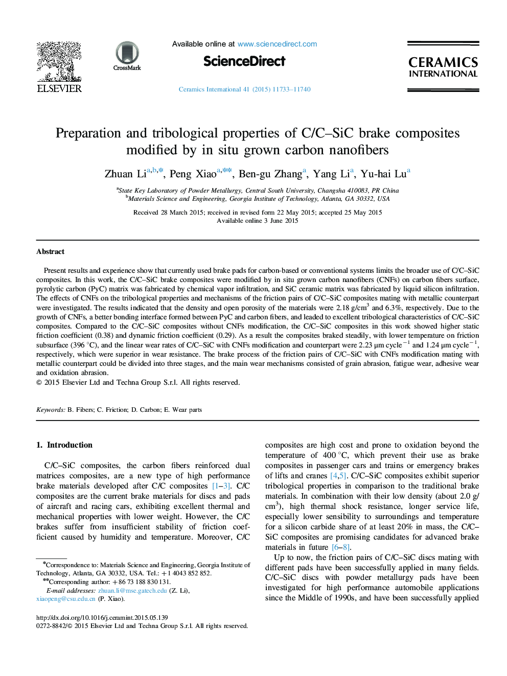 Preparation and tribological properties of C/C–SiC brake composites modified by in situ grown carbon nanofibers