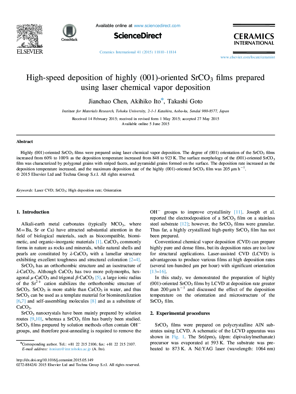 High-speed deposition of highly (001)-oriented SrCO3 films prepared using laser chemical vapor deposition