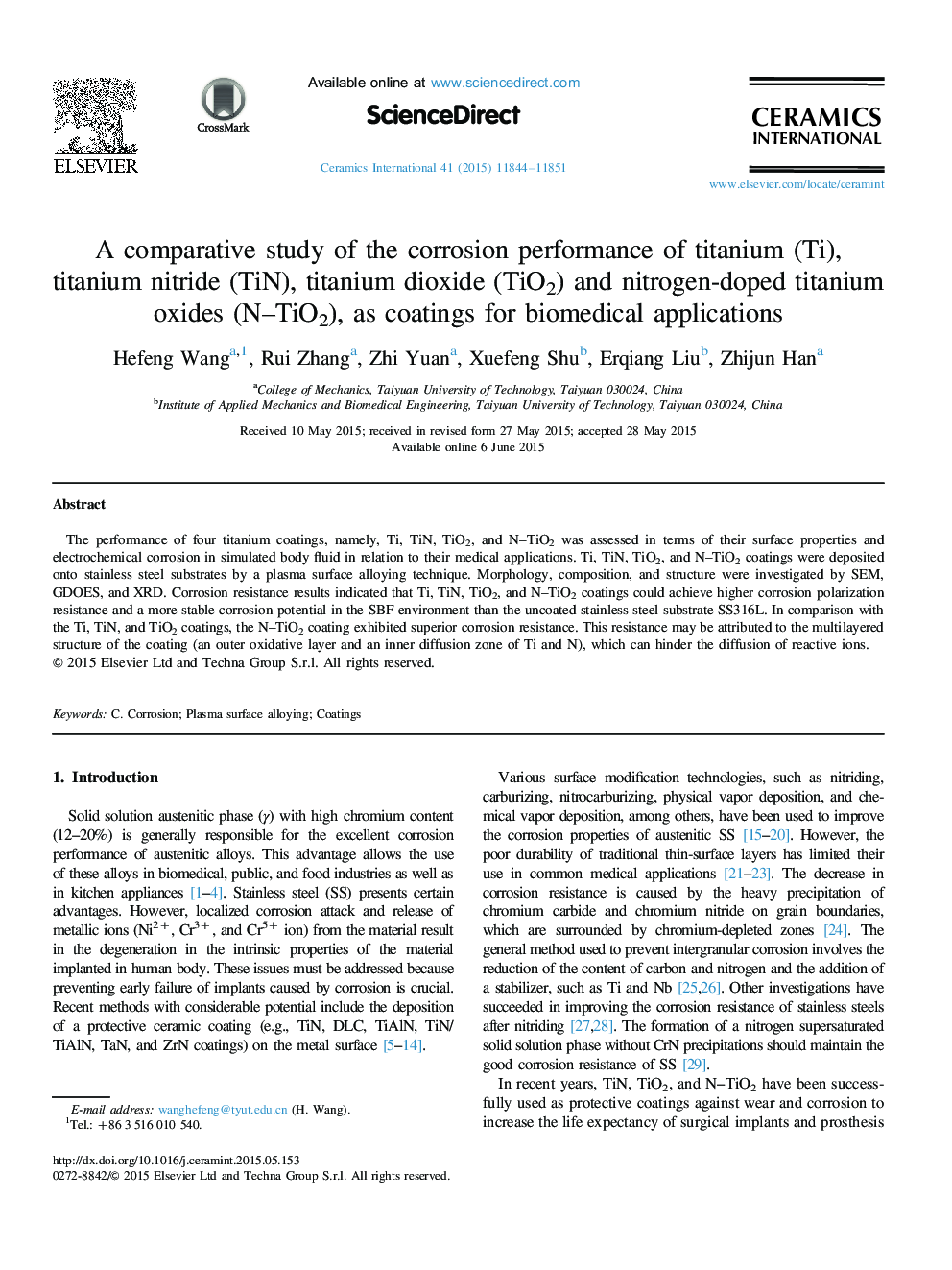 A comparative study of the corrosion performance of titanium (Ti), titanium nitride (TiN), titanium dioxide (TiO2) and nitrogen-doped titanium oxides (N–TiO2), as coatings for biomedical applications