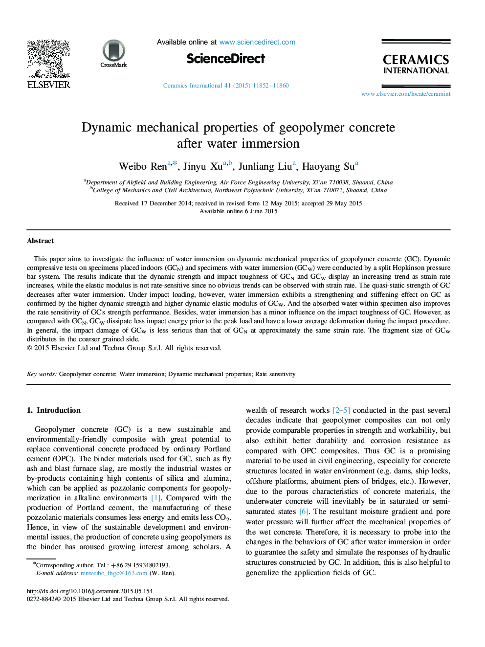 Dynamic mechanical properties of geopolymer concrete after water immersion